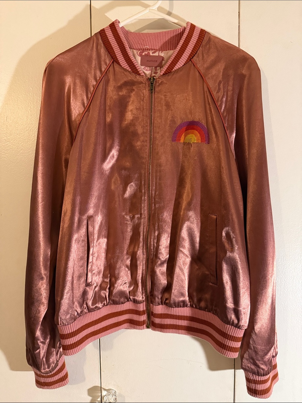 MOTHER Metallic Rose Pink Bomber Jacket with Rainbow Patch